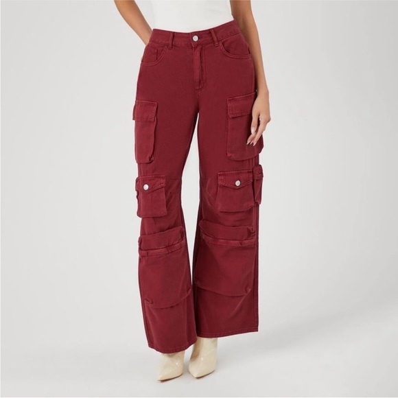 Burgundy Twill Wide-leg Cargo Pants Jeans Size Medium - Picture 3 of 8
